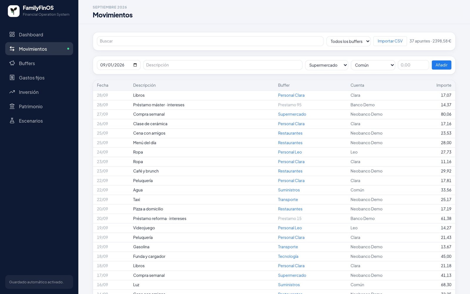 Captura de la sección Movimientos de finOS con datos ficticios